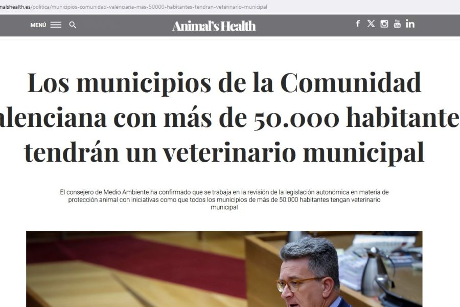 Animalshealth: Los municipios de la Comunidad Valenciana con más de 50.000 habitantes tendrán un veterinario municipal